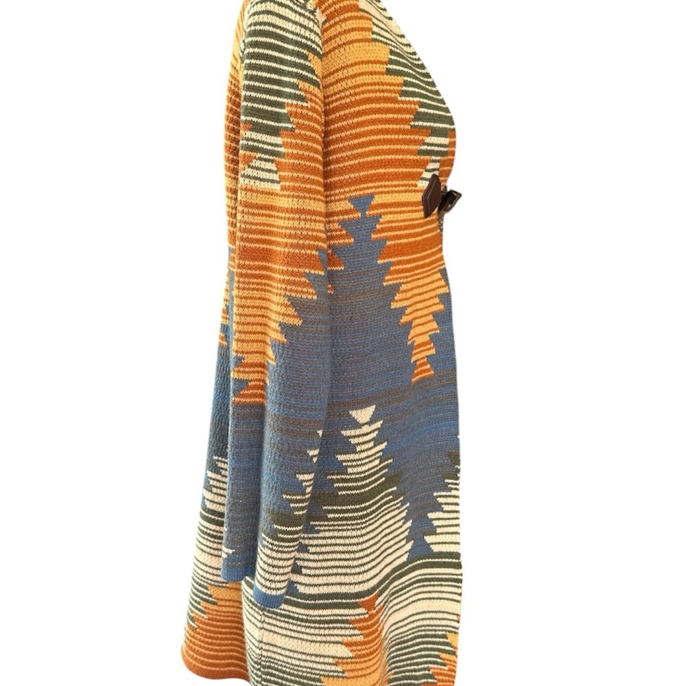 Open-Front Geometric Pattern Knit Cardigan - Orange, Blue, Cream Size Medium - Picture 4 of 9